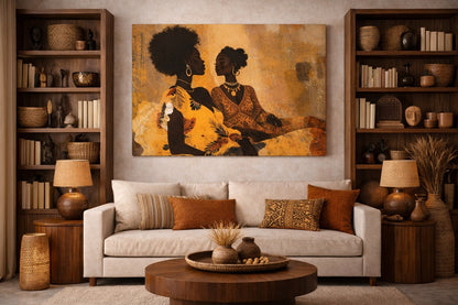 Tableau portrait afro bohème en décoration murale intérieure
