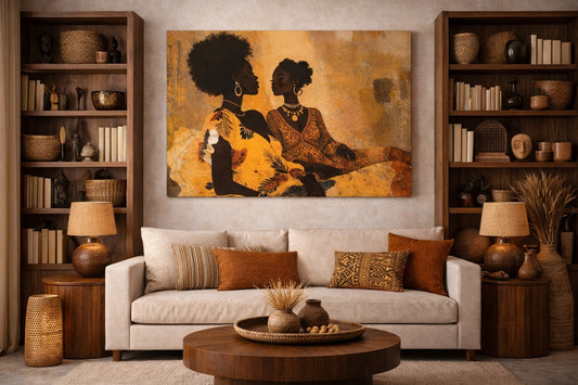 Tableau portrait afro bohème en décoration murale intérieure
