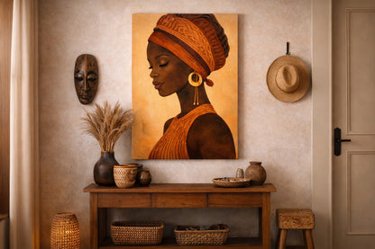 Tableau portrait afro bohème terracotta en décoration murale intérieure
