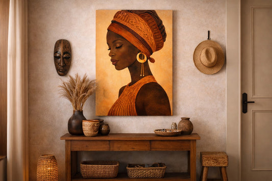 Tableau portrait afro bohème terracotta en décoration murale intérieure
