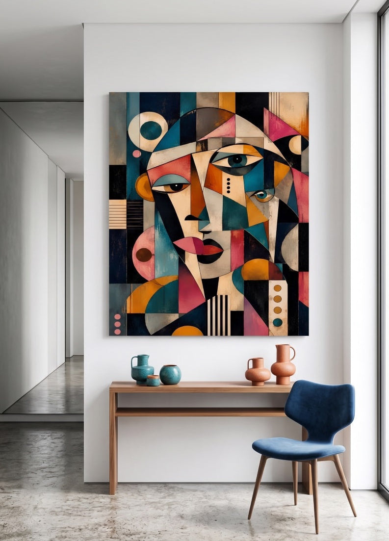 Tableau portrait contemporain coloré aux formes graphiques et géométriques

