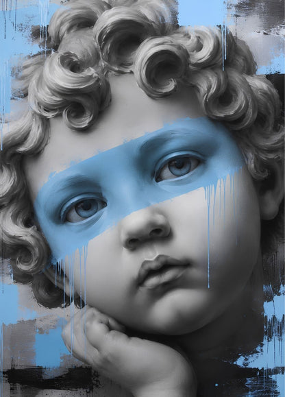 Tableau portrait contemporain inspiré du David de Michel-Ange revisité avec une bande de peinture bleu ciel et des effets street art élégants.
