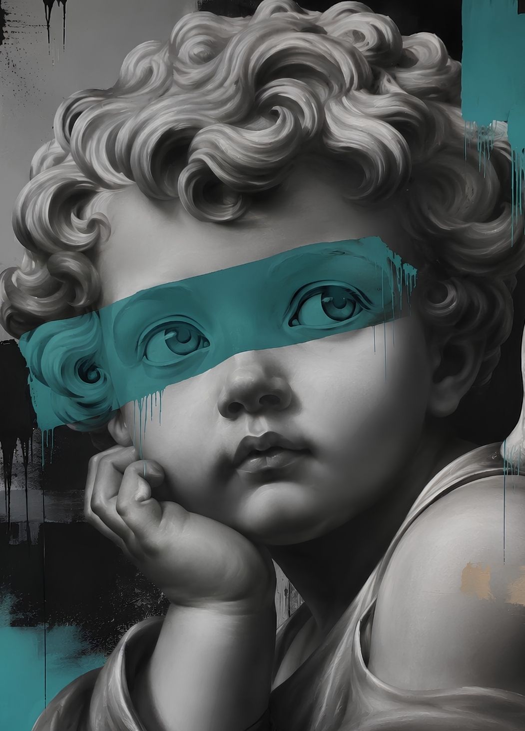 Tableau portrait contemporain inspiré du David de Michel-Ange revisité avec une touche graphique vert d'eau dans un style street art élégant.
