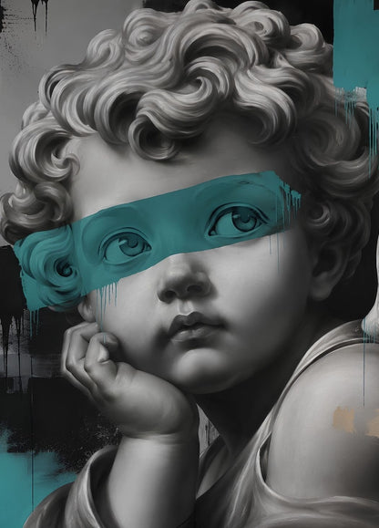 Tableau portrait contemporain inspiré du David de Michel-Ange revisité avec une touche graphique vert d'eau dans un style street art élégant.
