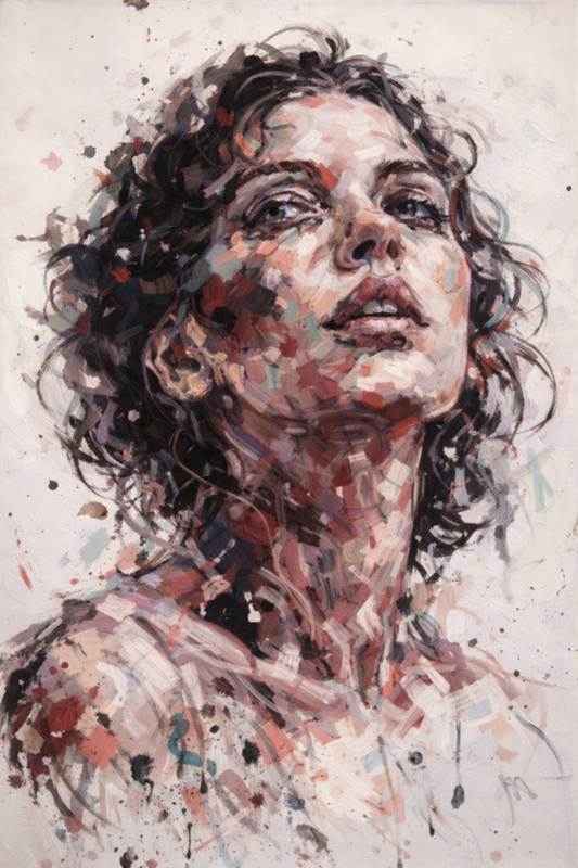 Tableau portrait contemporain peint vue de face
