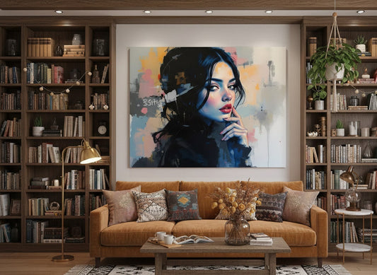 Tableau Portrait Femme bleu accroché dans un salon moderne, décoration murale contemporaine élégante et design.
