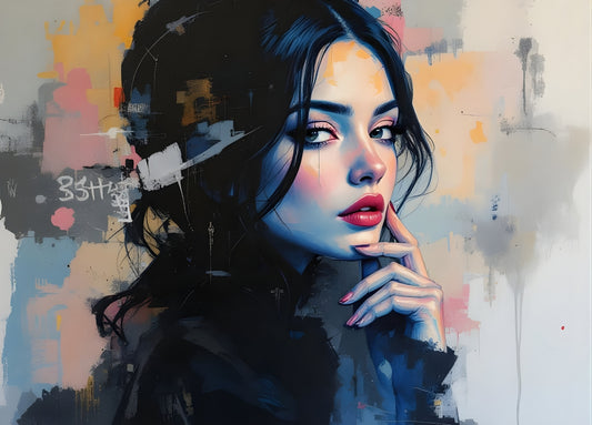 Tableau portrait femme bleu artistique contemporain avec fond abstrait pastel, création exclusive Iconik-Art.
