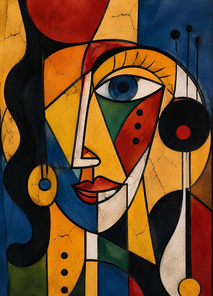 Tableau portrait femme cubiste composé de formes géométriques jaunes, rouges, bleues et vertes soulignées de noir
