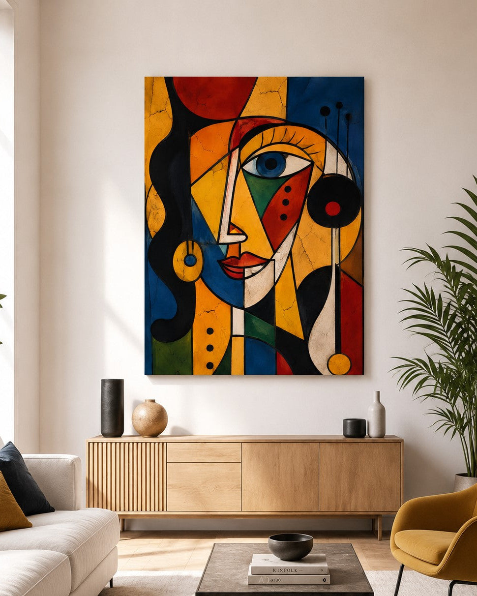 Tableau portrait femme cubiste coloré présenté dans un intérieur contemporain aux tonalités neutres
