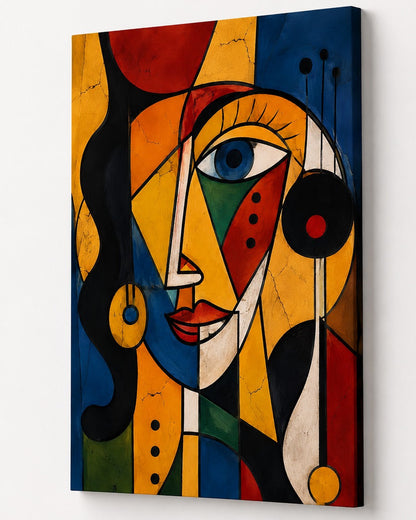 Tableau portrait femme cubiste vu de profil avec couleurs intenses, lignes noires et détails texturés
