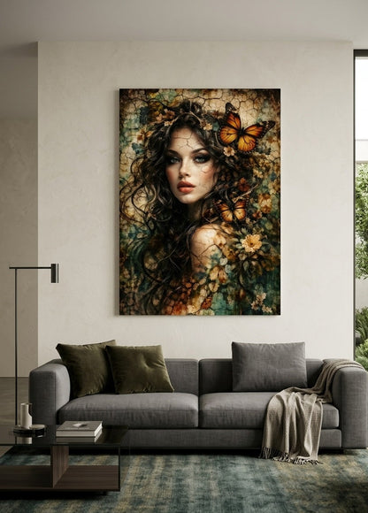 Portrait femme avec papillons accroché dans salon bohème chic, décoration murale artistique naturelle avec ambiance chaleureuse et organique
