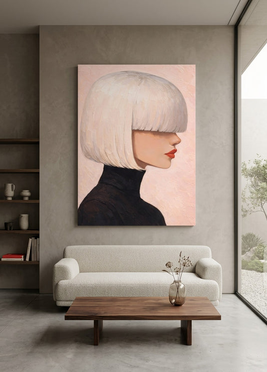 Portrait femme accroché dans salon moderne élégant, décoration murale minimaliste chic avec ambiance contemporaine épurée et lumineuse
