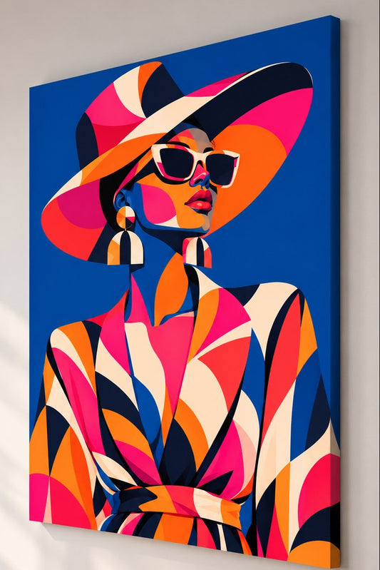 Tableau sur toile portrait de femme moderne, aux couleurs rose, orange et bleu électrique
