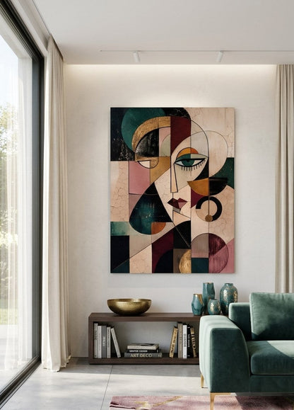 Tableau portrait femme géométrique présenté dans un intérieur contemporain élégant aux tonalités naturelles et profondes
