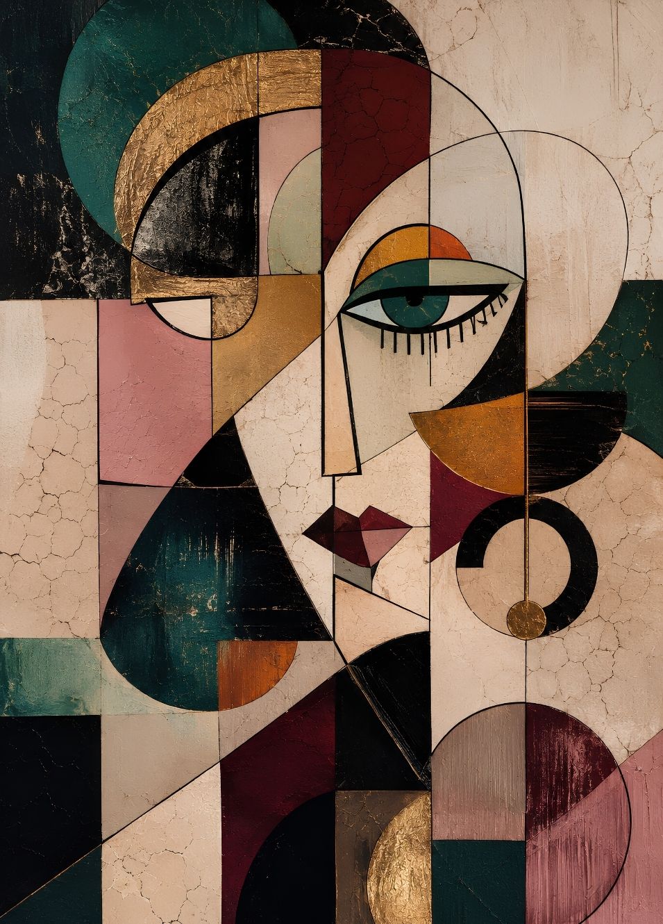 Tableau portrait femme géométrique avec visage fragmenté, œil vert et formes abstraites aux tons beige, bordeaux, rose et vert
