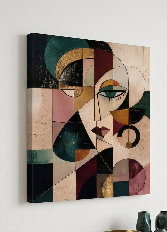 Tableau portrait femme géométrique vu de profil avec détails texturés, formes graphiques et effets de matière patinée
