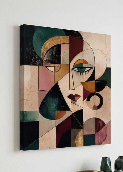 Tableau portrait femme géométrique vu de profil avec détails texturés, formes graphiques et effets de matière patinée
