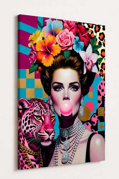 Tableau femme contemporaine luxe avec bijoux et ambiance artistique colorée
