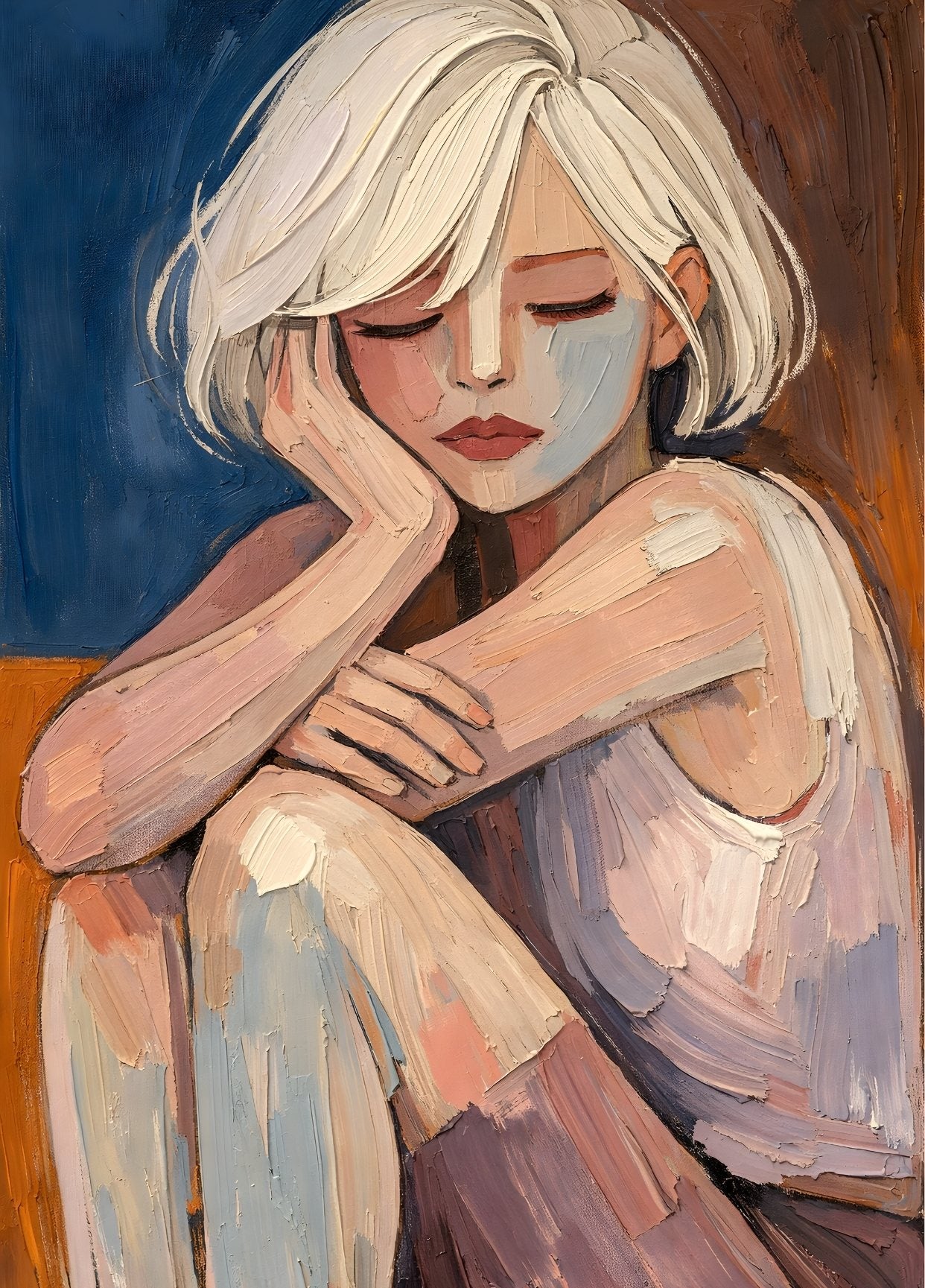Tableau portrait femme mélancolique style peinture contemporaine aux couleurs pastel douces
