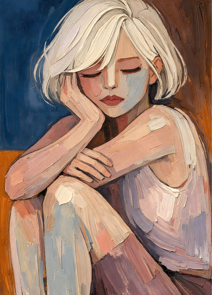 Tableau portrait femme mélancolique style peinture contemporaine aux couleurs pastel douces
