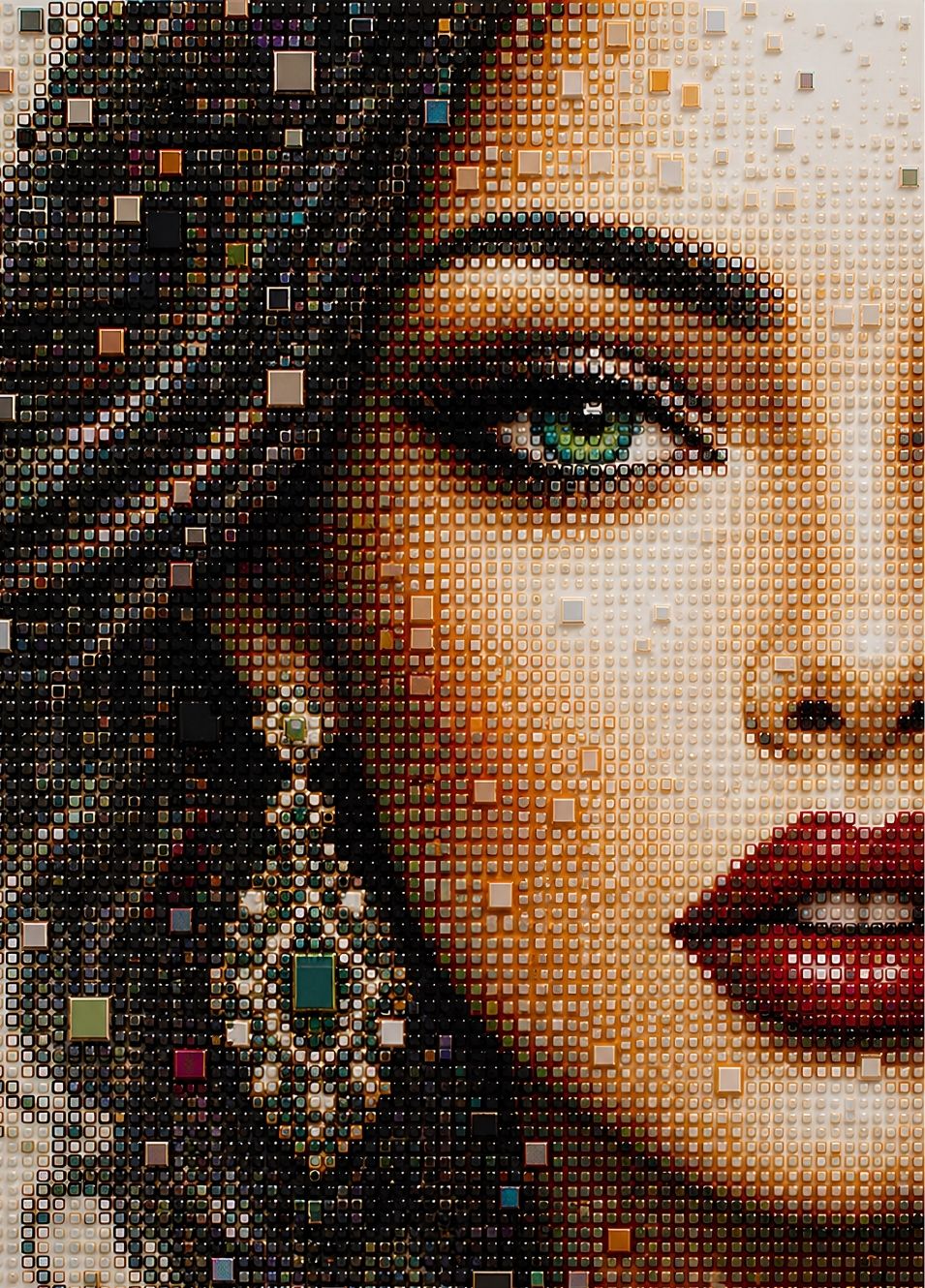 Portrait féminin contemporain composé de mosaïques géométriques et détails raffinés
