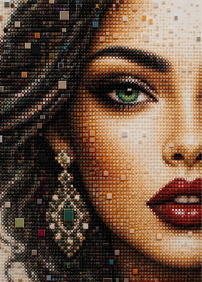 Portrait féminin contemporain composé de mosaïques géométriques et détails raffinés

