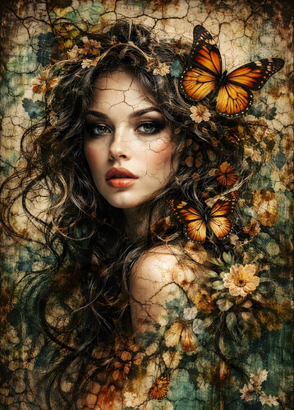 Portrait femme artistique avec papillons orange et fleurs, style bohème texturé effet peinture craquelée, décoration murale naturelle et élégante
