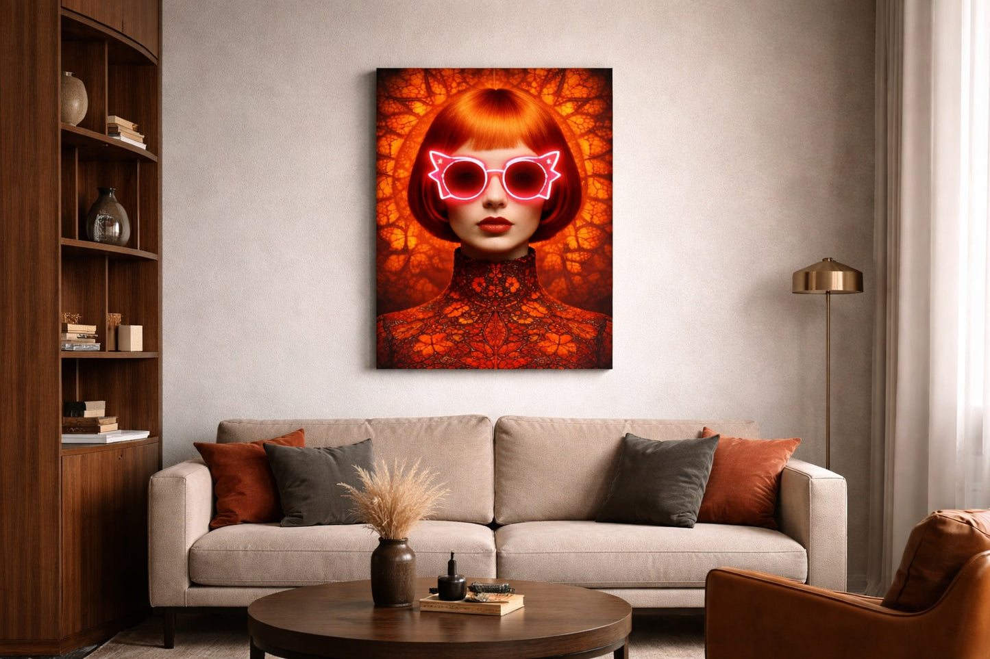 Tableau portrait femme lunettes néon étoile rouge accroché dans salon moderne décoration murale
