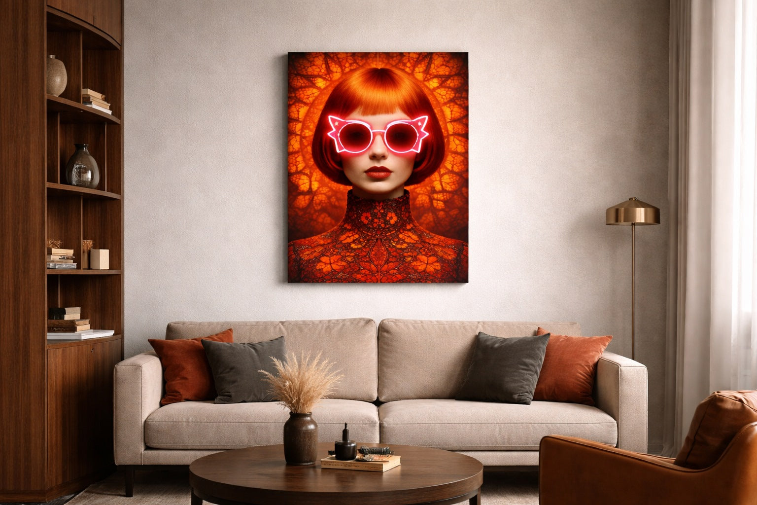 Tableau portrait femme lunettes néon étoile rouge accroché dans salon moderne décoration murale
