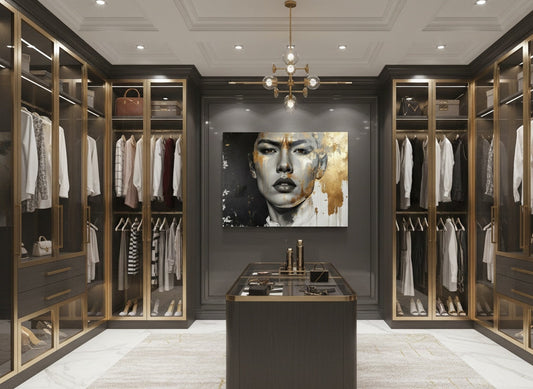 Tableau Portrait Femme noir et or accroché dans un salon élégant, décoration murale contemporaine et raffinée.
