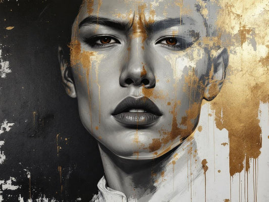 Tableau portrait femme noir et or avec textures dorées contemporaines, création exclusive Iconik-Art.
