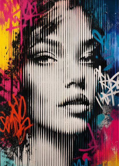 Tableau portrait femme graphique noir blanc avec influences street art contemporaines

