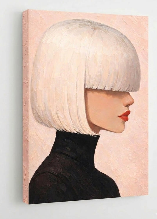 Vue de profil toile portrait femme chic sur châssis bois, textures peinture visibles, contraste noir et blanc élégant et design
