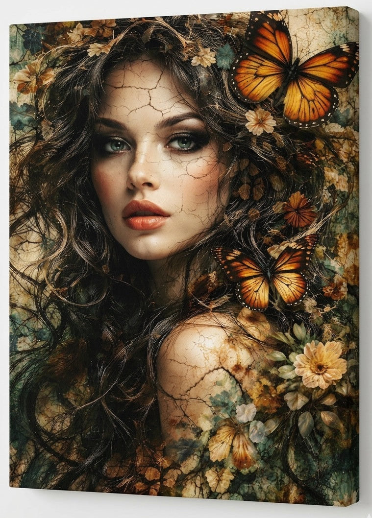 Vue de profil toile portrait femme nature sur châssis bois, détails des textures craquelées et nuances végétales profondes
