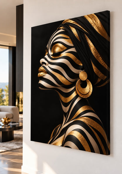 Tableau portrait femme Zébra Gold imprimé sur toile coton, avec châssis visible de profil
