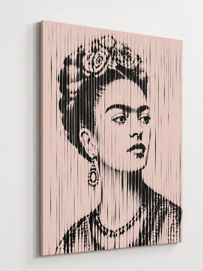 Tableau portrait Frida Kahlo moderne noir et beige rosé inspiré du street art minimaliste contemporain
