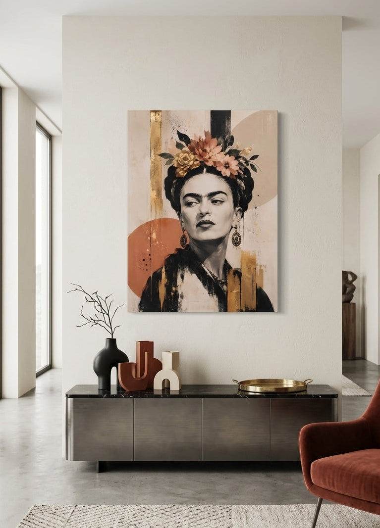 Tableau portrait Frida Kahlo mis en situation dans un salon contemporain

