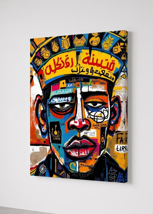 Tableau portrait graffiti pop art contemporain avec couleurs vives et composition graphique urbaine
