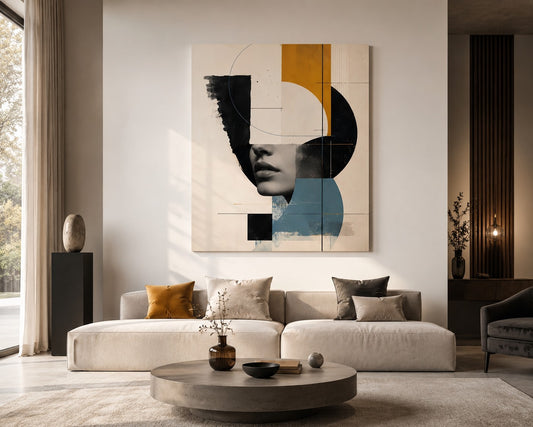 Décoration murale contemporaine avec portrait graphique et composition géométrique élégante
