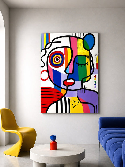 Tableau portrait graphique contemporain inspiré du cubisme et du pop art
