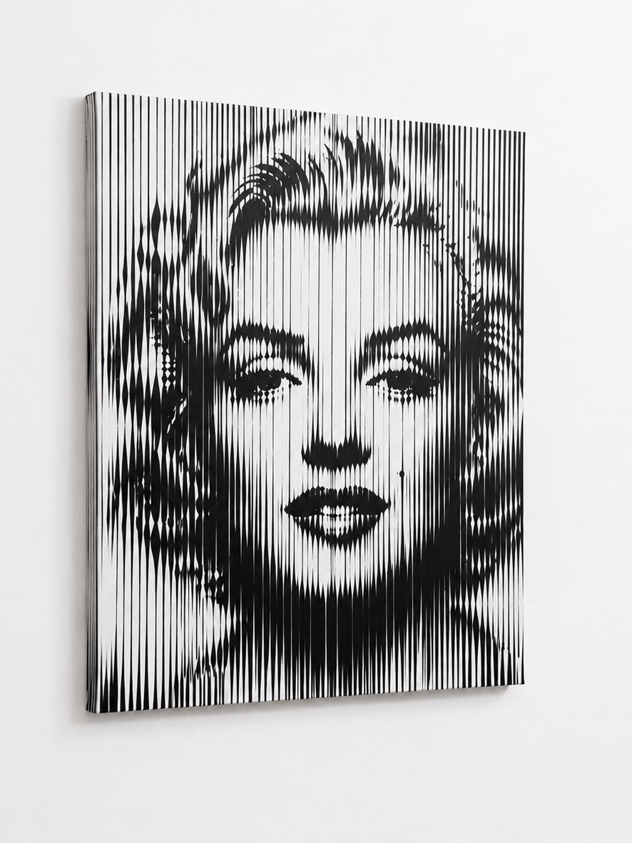 Tableau portrait glamour Marilyn Monroe revisité dans un style minimaliste noir et blanc élégant
