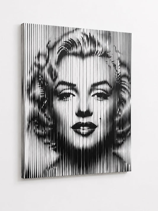 Tableau portrait glamour Marilyn Monroe revisité dans un style minimaliste noir et blanc élégant
