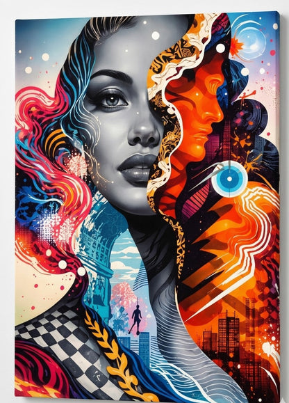 Tableau contemporain portrait artistique avec contrastes forts et style pop art pour intérieur moderne et tendance

