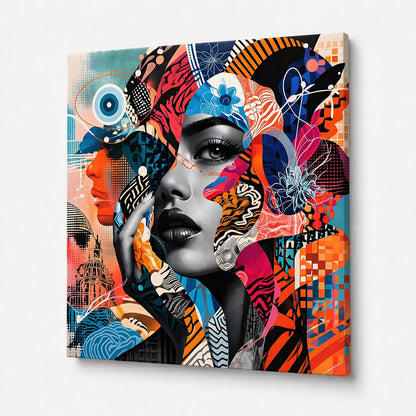 Tableau contemporain portrait artistique avec formes abstraites et style pop art moderne pour intérieur design
