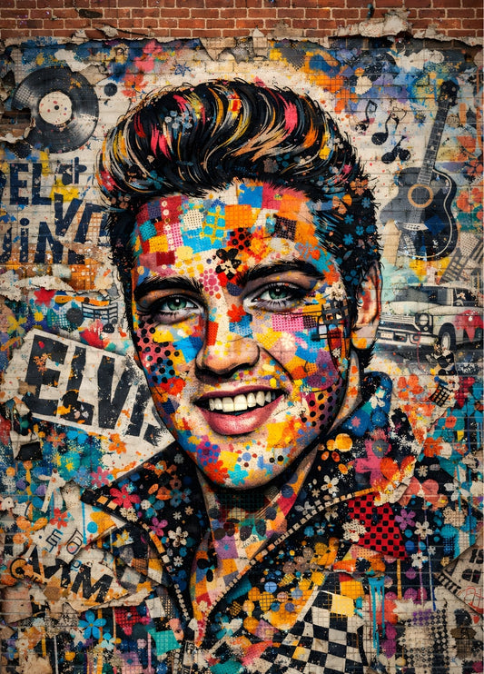 Portrait pop art d’Elvis en collage coloré sur mur texturé
