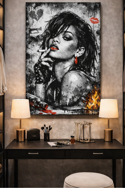 Portrait street art femme en situation dans un intérieur moderne