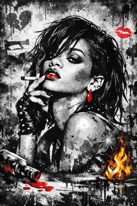 Portrait street art Rihanna en noir et blanc avec touches de rouge