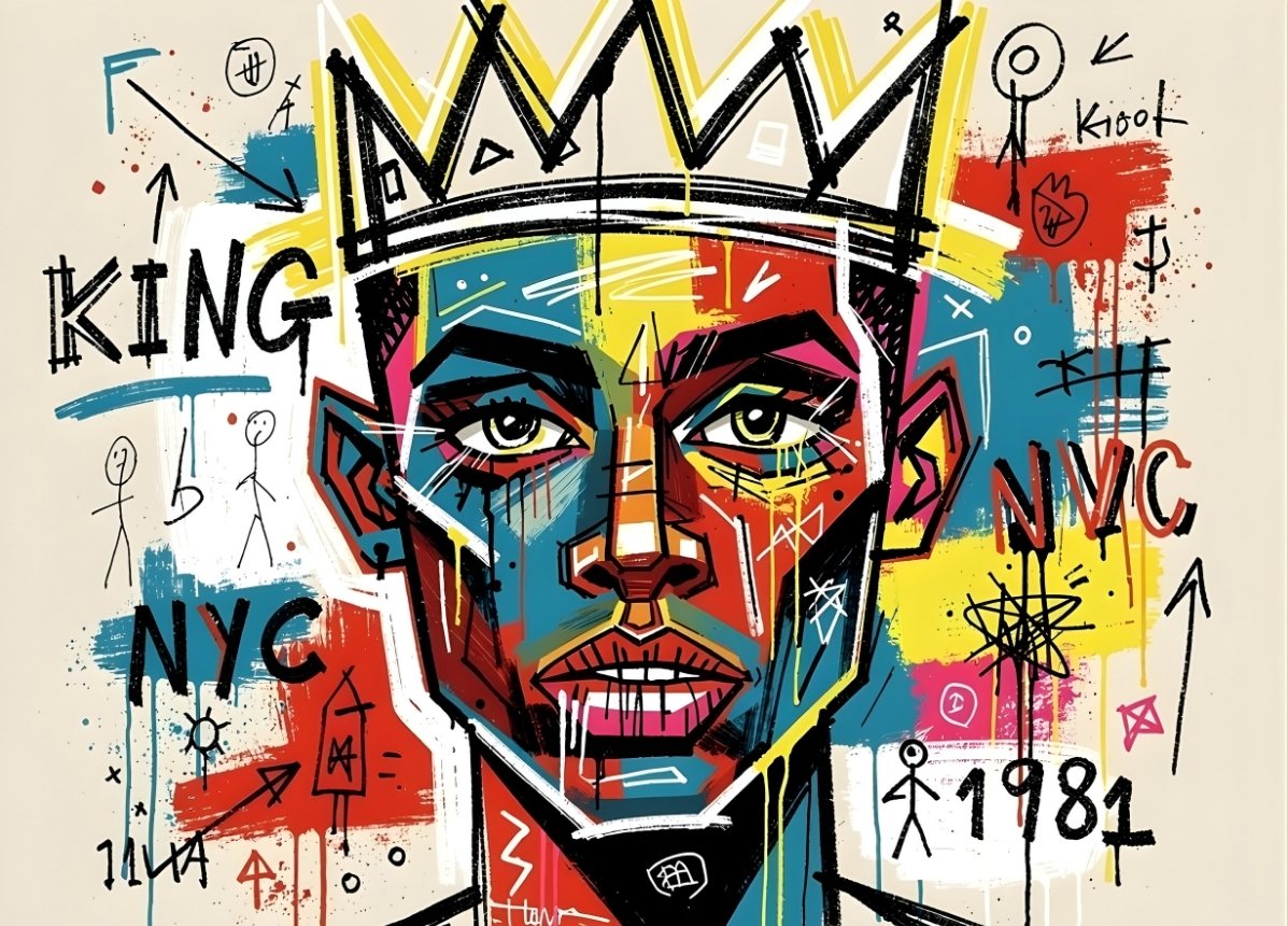 Tableau portrait street art inspiré Basquiat avec couronne graffiti et ambiance artistique new yorkaise
