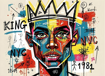 Tableau portrait street art inspiré Basquiat avec couronne graffiti et ambiance artistique new yorkaise
