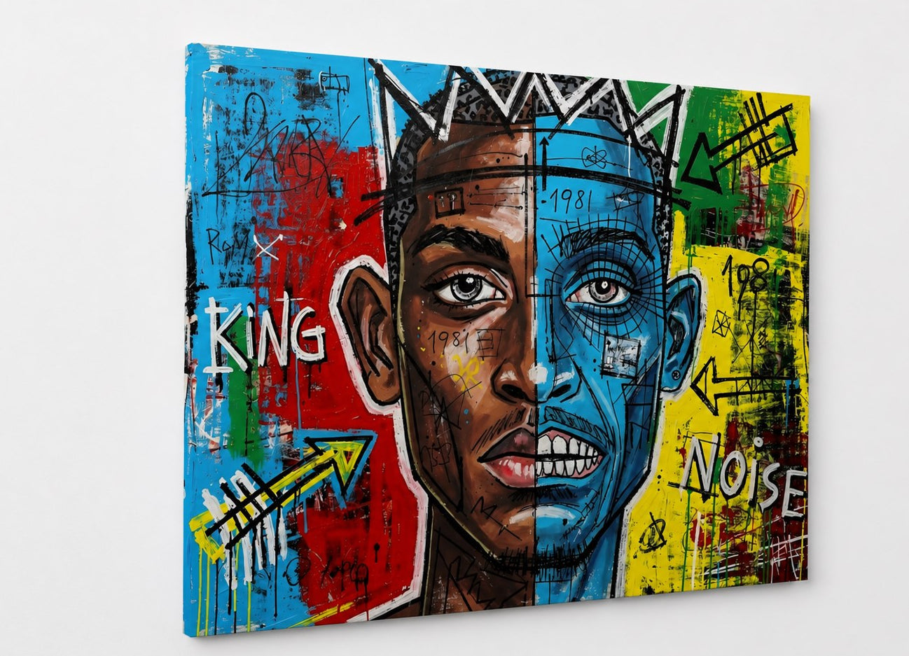 Tableau portrait style Basquiat contemporain avec couronne iconique et art urbain moderne
